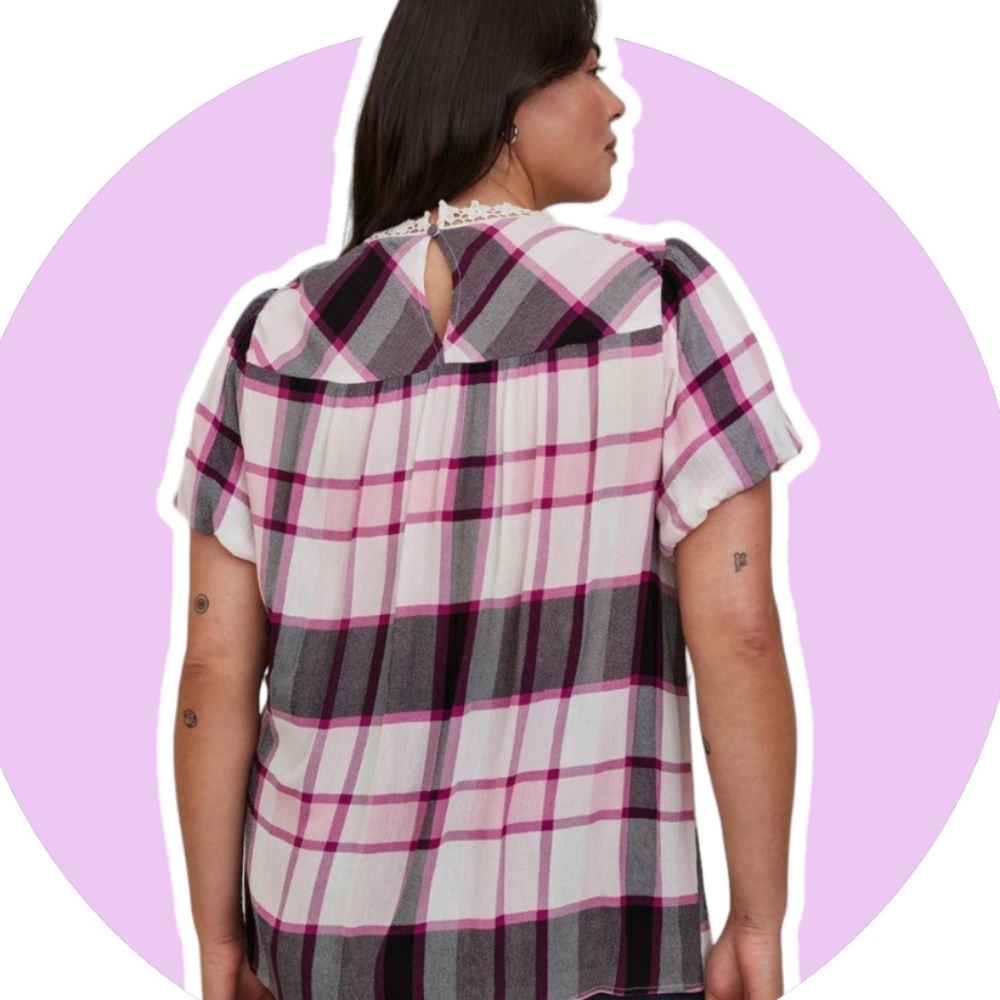Torrid Plaid Pink & Lavender Crinkle Top Plus Sz 2X - Picture 4 of 5